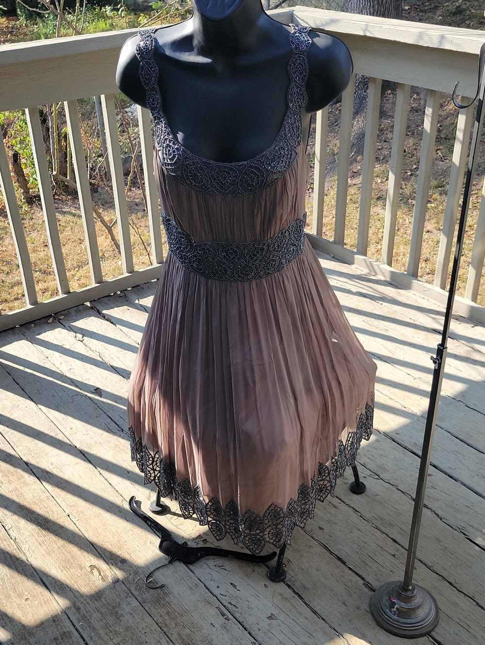 Adrianna Papell Mauve Midi Dress with Black Lace Accents